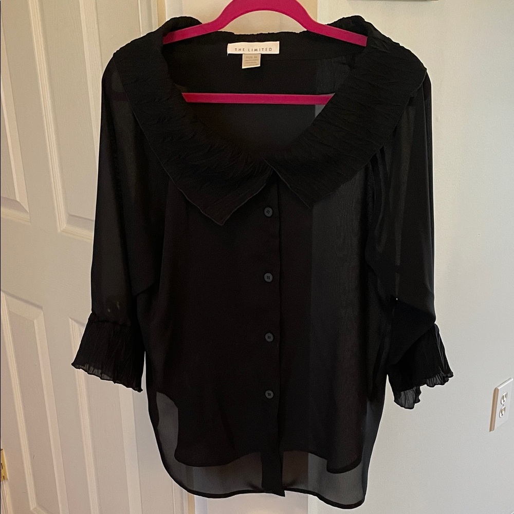 Vintage The Limited Black Sheer Pleated-Collar Button Front Blouse USA made